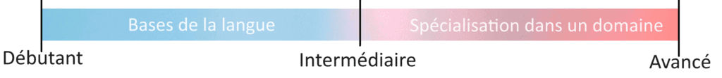 diagramme évolution de notre apprentissage en fonction de notre niveau - on travaille les bases de la langue, et à un niveau avancé on se spécialise dans un domaine